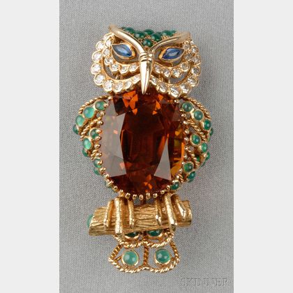 18kt Gold, Citrine, Diamond and Gem-set Owl Brooch, Champagnat, France