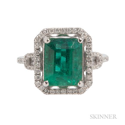 14kt White Gold, Emerald, and Diamond Ring