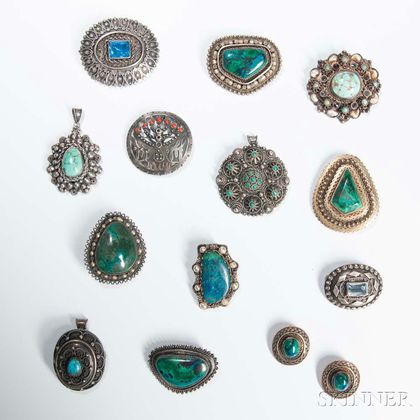 Twelve Israeli Silver and Hardstone Brooches and a Pair of Earrings
