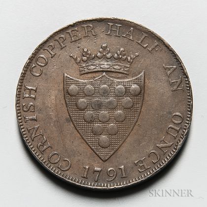 1791 Cornwall "Cornish Copper Half An Ounce" Halfpenny Conder Token, DH-2