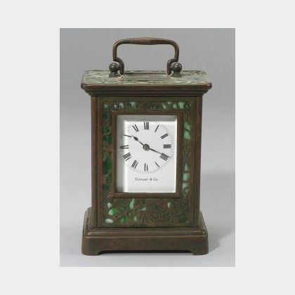 Tiffany Studios Bronze and Slag Glass &#34;Grape Vine&#34; Pattern Carriage Timepiece