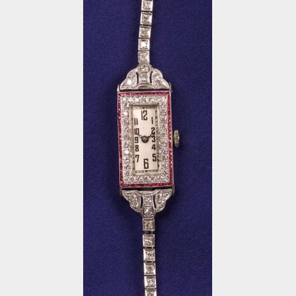 Art Deco Platinum, Ruby, and Diamond Wristwatch