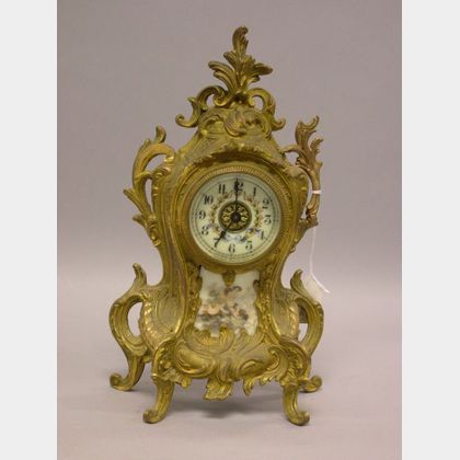 Waterbury Clock Co. Rococo-style Gilt Cast Metal Mantel Timepiece. 
