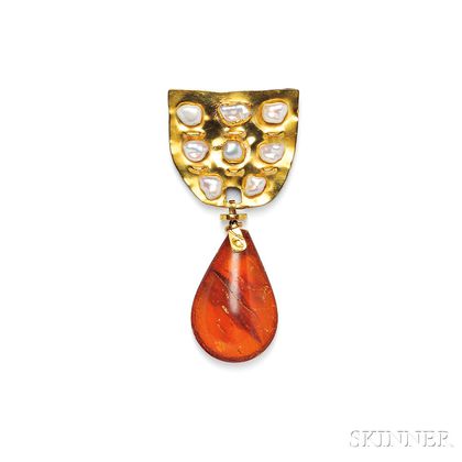 24kt and 18kt Gold, Amber, and Freshwater Pearl Pendant/Brooch, Janiye