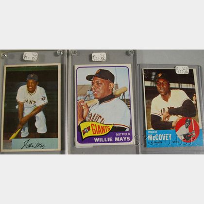 Bowman 1954 Willie Mays Baseball Card, Topps 1965 Willie Mays Baseball Card, and a Topps 1963 Willie McCovey Baseball Card. 