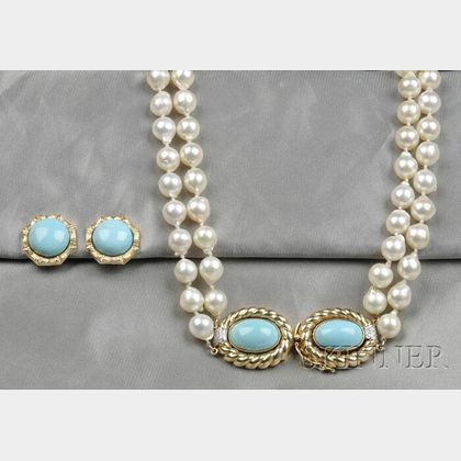 Cultured Pearl and Turquoise Necklace and Earclips