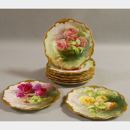 Set of Twelve Royal Doulton Hand-painted Rose-decorated Porcelain Plates