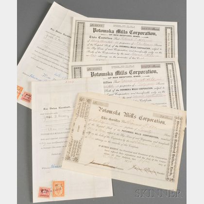 Large Group of Potomska Mills Stock Certificates