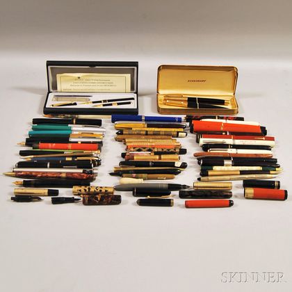 Fifty-one Assorted Late Victorian and Vintage Fountain Pens, Mechanical Pencils, Felt Pens, Parts, Etc.