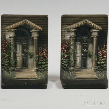 Two Cast Iron "Federal Doorway" Polychrome Painted Bookends