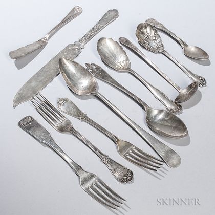 Eight Pieces of Sterling Silver and Two Pieces of Coin Silver Flatware