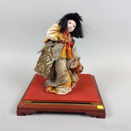 Carved and Painted Wood and Fabric Japanese Doll