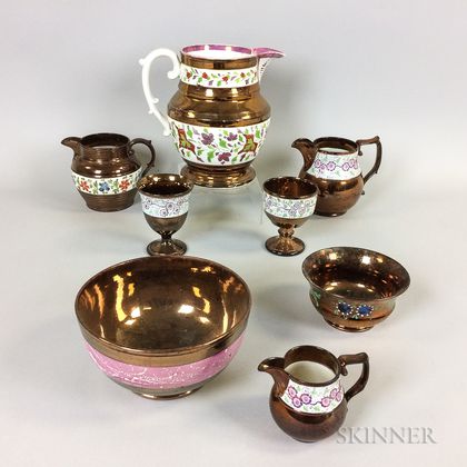 Eight Floral-decorated Copper Lustre Ceramic Vessels