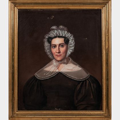 American School, Mid-19th Century Portrait of Mary Worth Olden. Unsigned, sitter identified on the back. Oil on canvas, 30... 