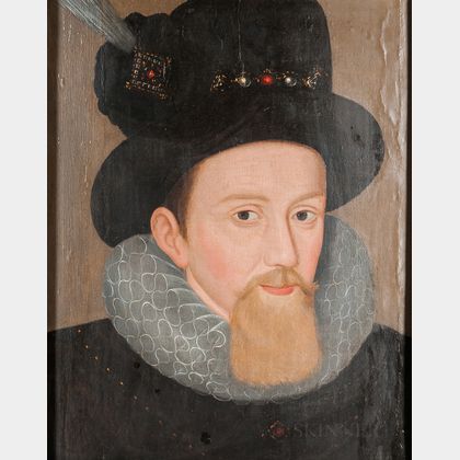 Anglo/Dutch School, Late 16th Century Style, Head of Man in a Feathered Hat with Jeweled Band and Ruff, Possibly Sir Walter Raleigh, Un