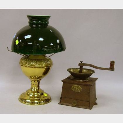 Hawkins & Co. Cast Iron Coffee Mill and a Brass Kerosene Table Lamp. 