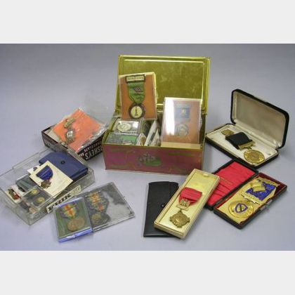 Group of Military, Political, Commemorative, and Fraternal Badges, Medals, and Pins