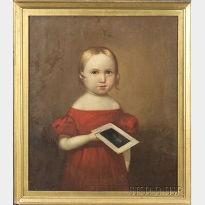 American School, 19th Century Portrait of a Girl in a Red Dress Holding a Portrait of a Man.