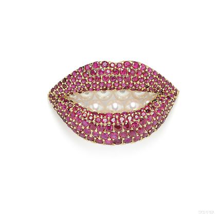 18kt Gold, Ruby, and Cultured Pearl Lips Brooch, Henryk Kaston, Designed by Dali