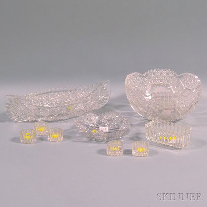 Eight Colorless Cut Glass Table Items and a Pressed Sugar Stand