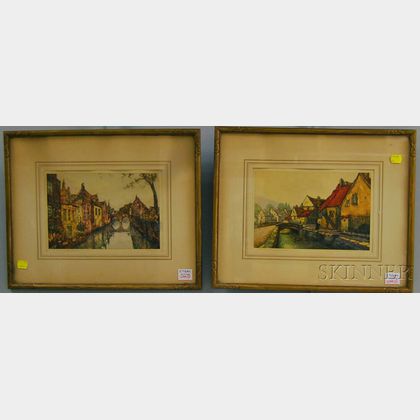 Two Framed Photomechanical Reproductions of European Village Views