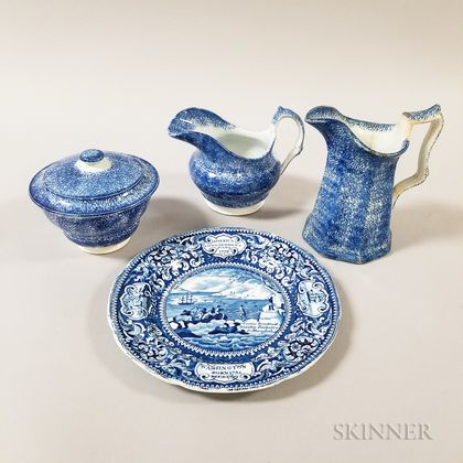 Three Pieces of Blue Spatterware and an Enoch Wood & Sons Transfer-decorated Plate