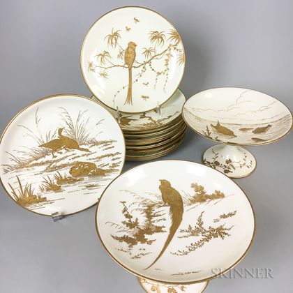 Set of Twelve Mintons Porcelain Bird Plates and a Pair of Compotes
