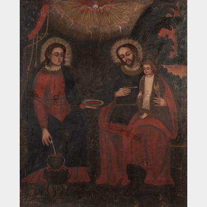 Spanish Colonial School, 19th Century The Holy Family/A Domestic Scene with Joseph Feeding the Infant Jesus