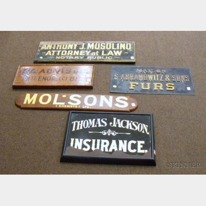 Five Painted Wood and Cast Metal Trade and Business Signs