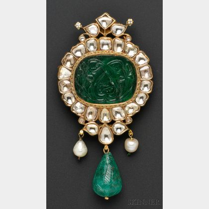 Fine Carved Emerald and Diamond Pendant