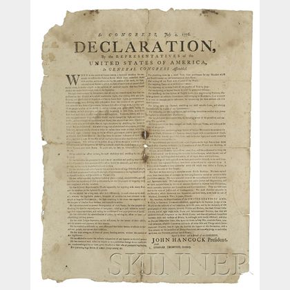 Rare and Historically Important Contemporary Broadside Printing of the Declaration of Independence