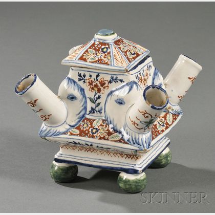 Polychrome Decorated Delft Four-spout Vessel and Cover