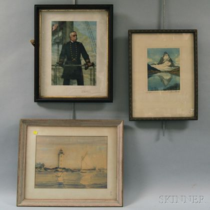 Three Framed Works on Paper: Paule Loring (American, 1899-1968),Dutch Island, Rhode Island, Lighthouse