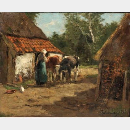 Johann Scherrewitz (Dutch, 1868-1951) Barnyard with Milkmaid and Cows