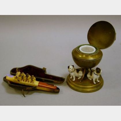 Pug Decorated Brass Inkstand and a Carved Meerschaum Cigar Holder. 