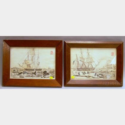 Two Mahogany Veneer Framed Lithographs