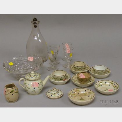 Twelve-piece Childs English Hand-painted Floral Decorated Pearlware Partial Tea Set, a Colorless Blown Molded ... 