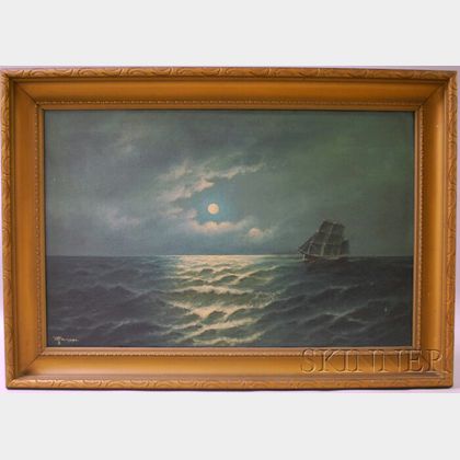 Willis Henry Plummer (American, b. 1838) Sailing Ship on a Moonlit Sea