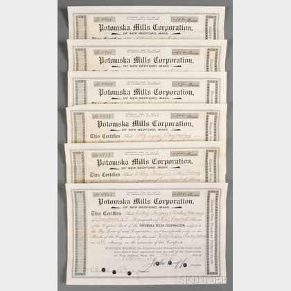 Group of Potomska Mills Corporation Stock Certificates and Transfer Documents