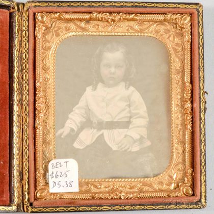 Cased Sixth-plate Daguerreotype of a Girl Wearing a Belt. Estimate $200-250