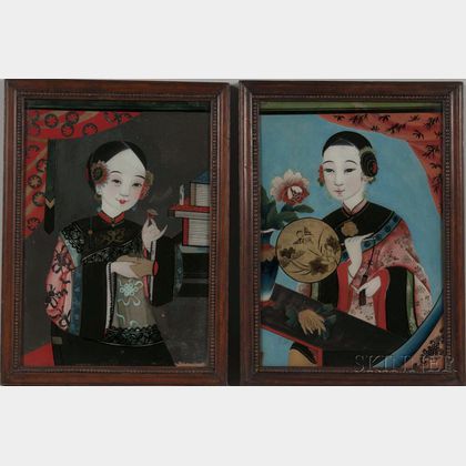 Pair of Chinese Export Reverse Paintings on Glass Depicting Women