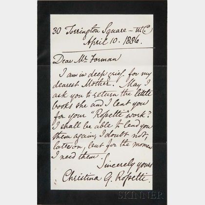 Rossetti, Christina (1830-1894) Autograph Letter, Autograph Sentiment, and Two Photographs of her Funeral.