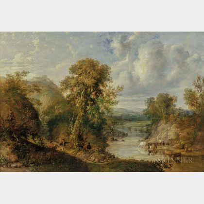British School, 19th Century Animated River Landscape with Figures and Cattle