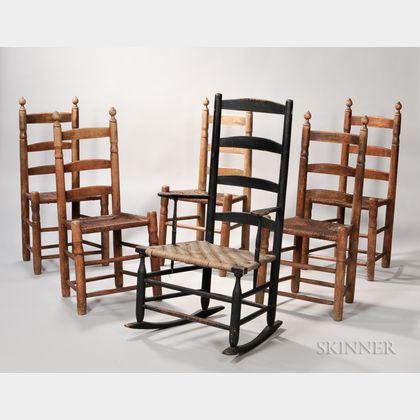 Five Rush-seat Side Chairs and a Black-painted Armed Rocking Chair