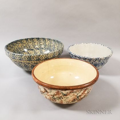 Three Large Spongeware Ceramic Bowls