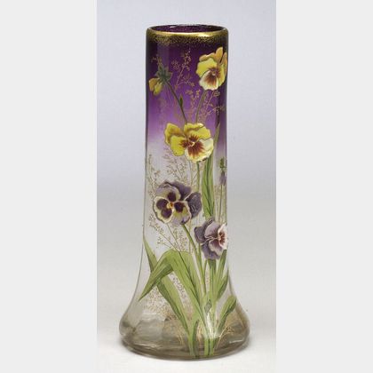 French Late Victorian Enameled Pansy Decorated Glass Vase. 