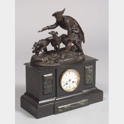 Patinated White Metal, Slate and Marble Figural Mantel Clock