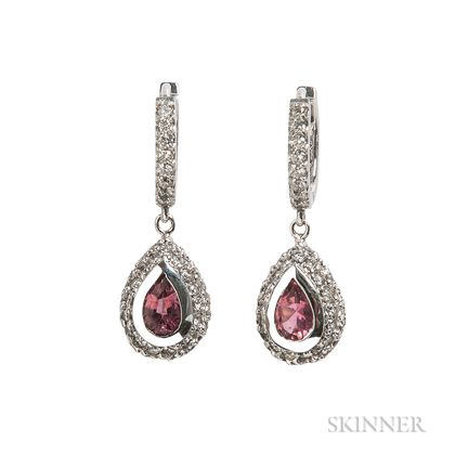 White Gold, Pink Tourmaline, and Diamond Earrings
