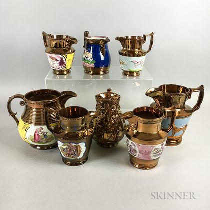 Eight Copper Lustre Ceramic Jugs