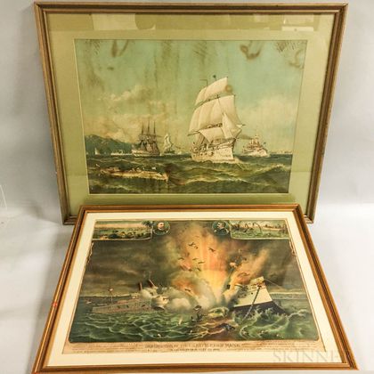 Two Lithographs of Battleships